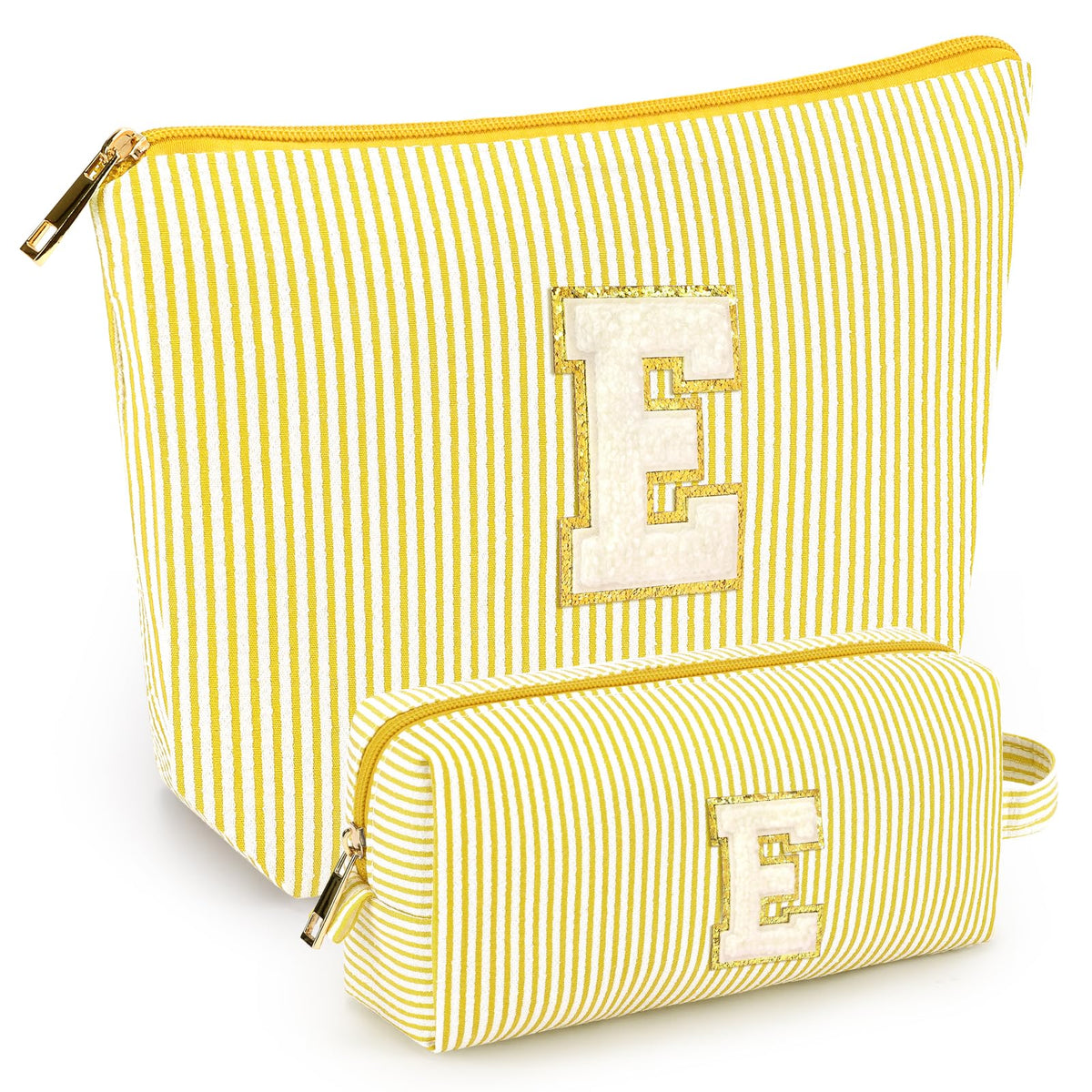 mibasies yellow cosmetic bag front view with alphabet letters