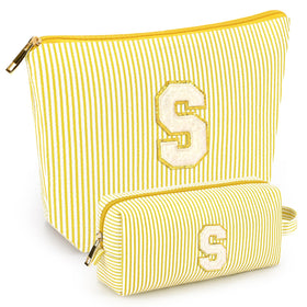 mibasies yellow cosmetic bag front view with alphabet letters