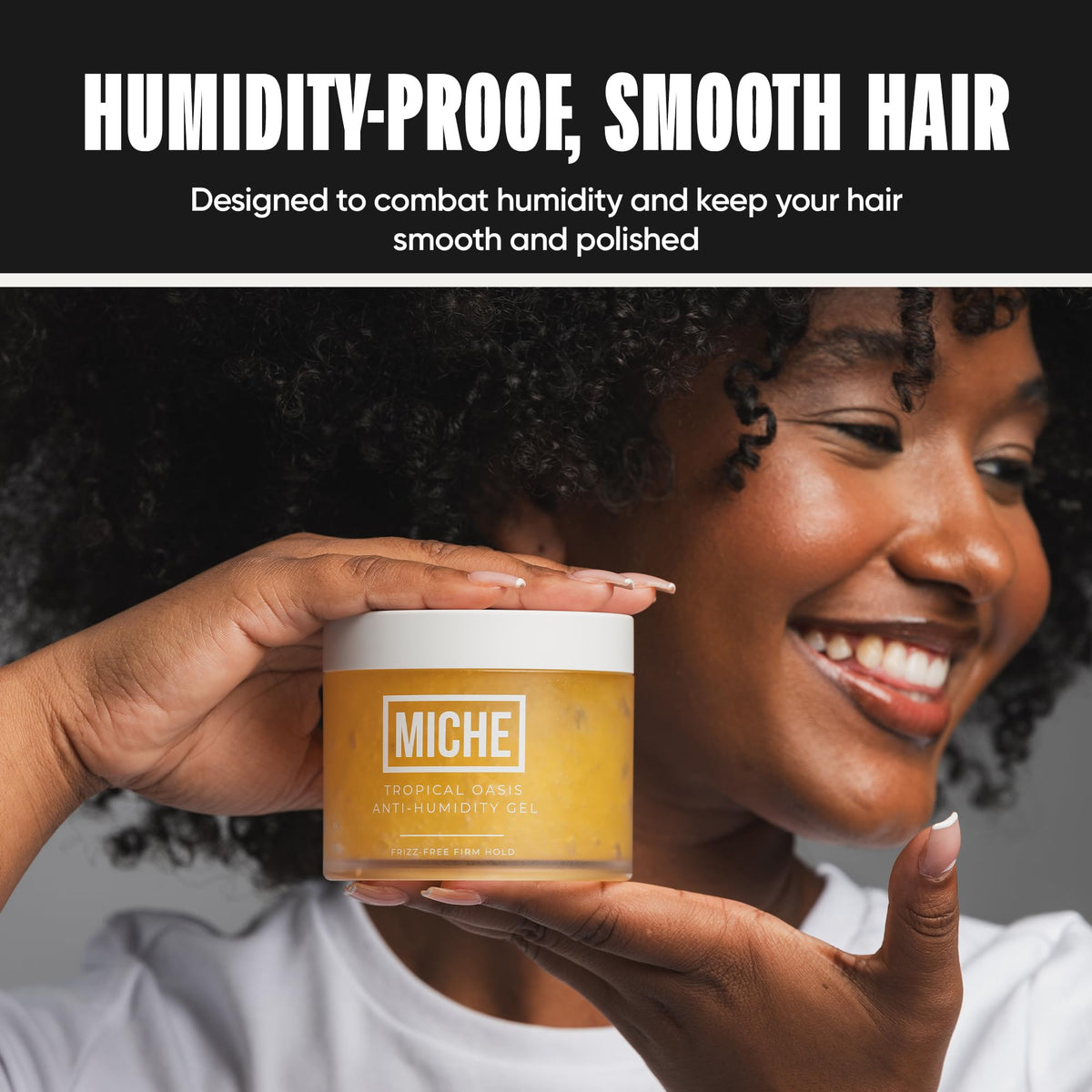 Miche Beauty Anti-Humidity Frizz-Free Hair Gel 8.8 oz in a travel bag