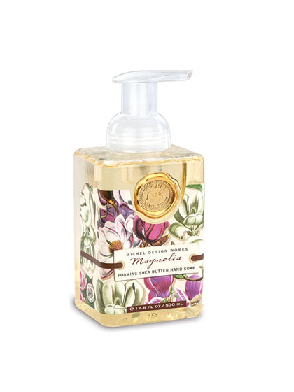 Michel Design Works Foaming Hand Soap 17.8 oz Magnolia front view with elegant pump dispenser