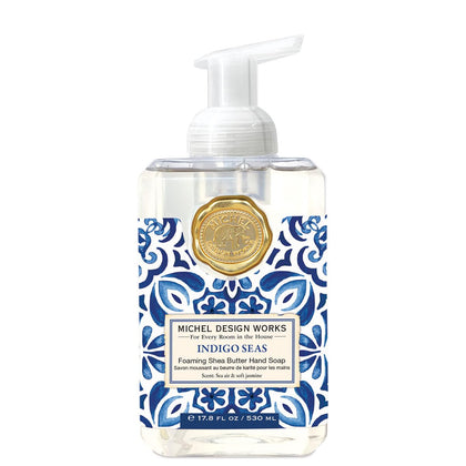 Michel Design Works Foaming Hand Soap Indigo Seas front view in elegant pump dispenser