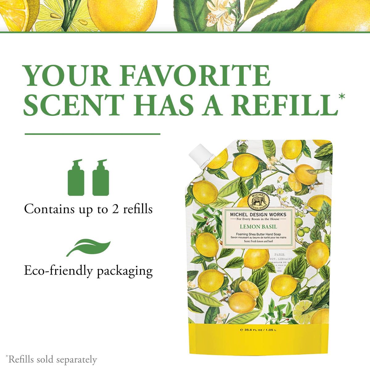 Michel Design Works Lemon Basil Foaming Hand Soap back view showing product details