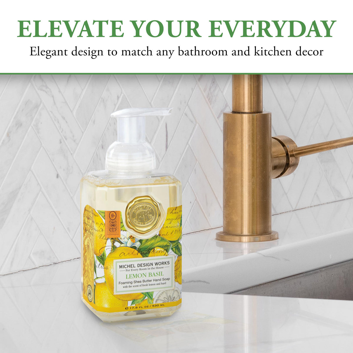 Michel Design Works Lemon Basil Foaming Hand Soap displayed with caddy and lotion
