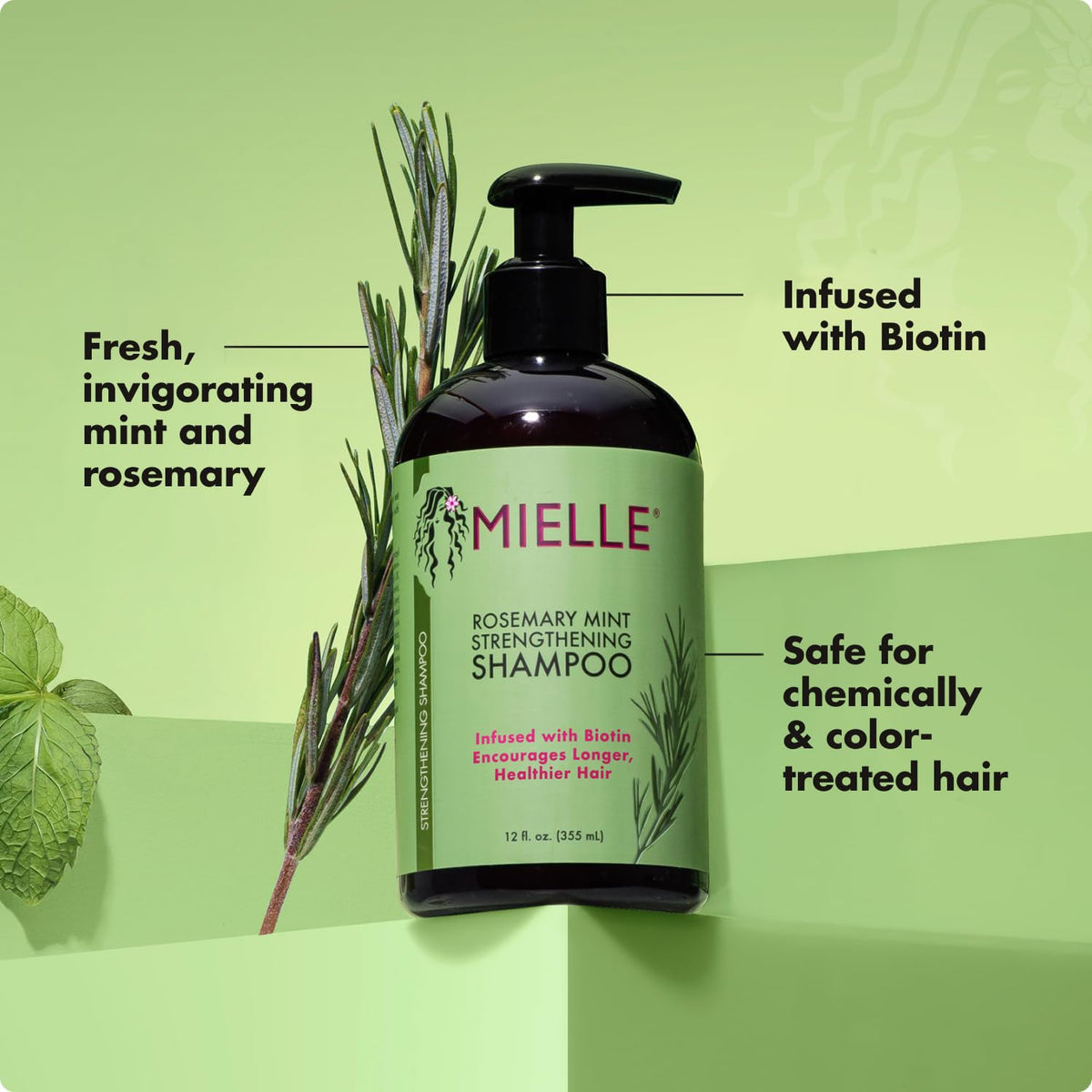 Mielle Organics Rosemary Mint Shampoo in a bathroom setting