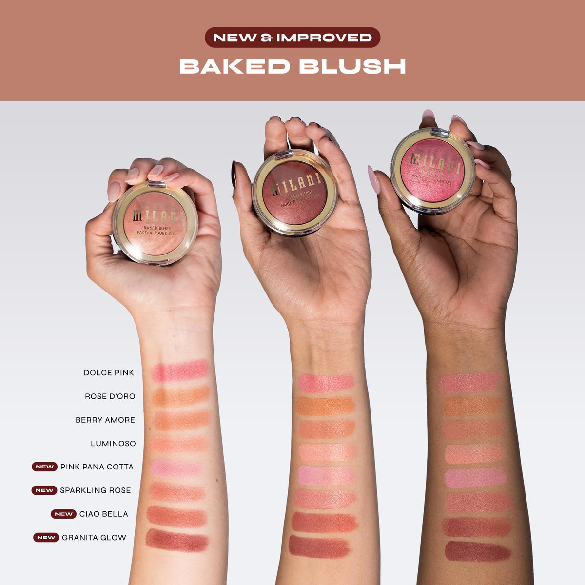 Milani Baked Blush Sparkling Rosé on makeup vanity