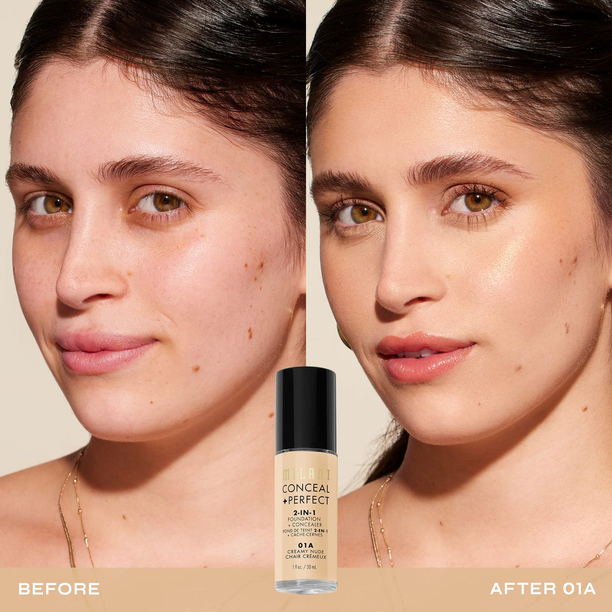 Milani Conceal + Perfect 2-in-1 Foundation + Concealer 01A-Creamy Nude bottle side view