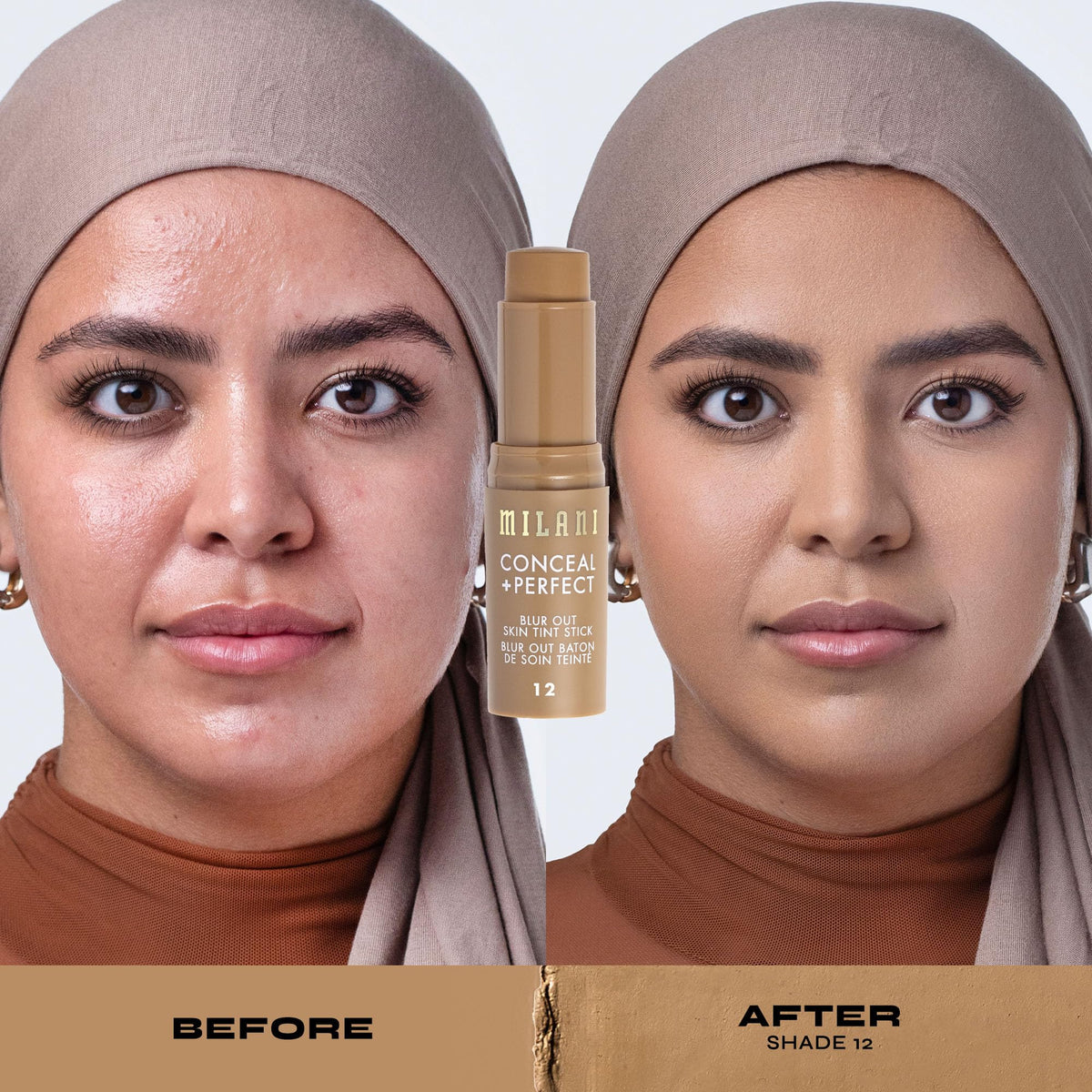 Milani Conceal + Perfect Blur Out Skin Tint Foundation 12-Medium Olive application on model