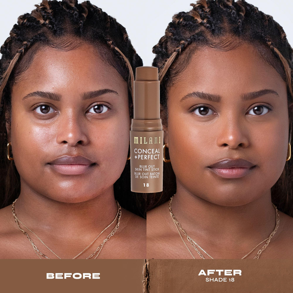 Milani Conceal + Perfect Blur Out Skin Tint Foundation 18-Deep Red with makeup tools