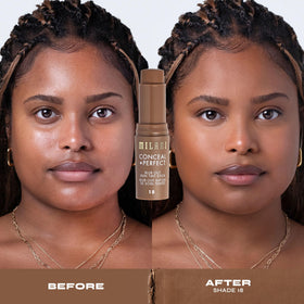 Milani Conceal + Perfect Blur Out Skin Tint Foundation 18-Deep Red with makeup tools
