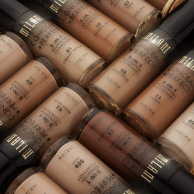 Milani Conceal + Perfect Liquid Foundation in a makeup bag