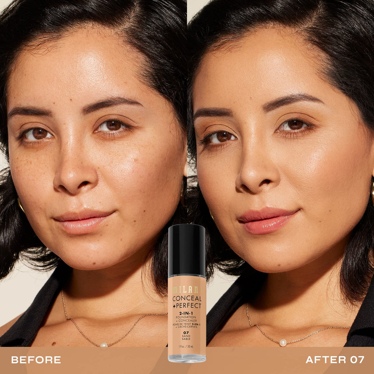 Milani Conceal + Perfect Liquid Foundation Sand bottle side view