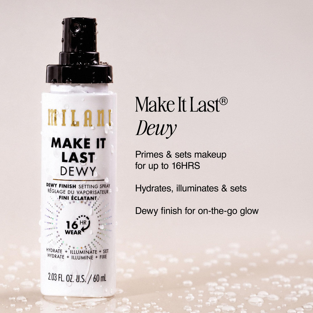 Milani Make It Last Setting Spray close-up showing mist