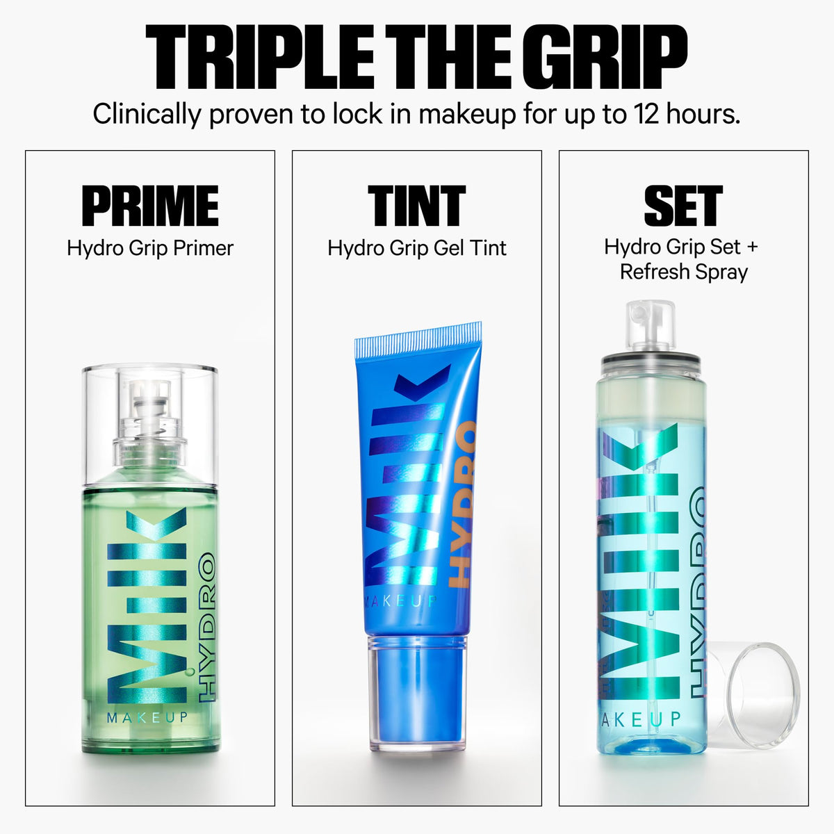 Milk Makeup Hydro Grip Primer on vanity with cosmetics