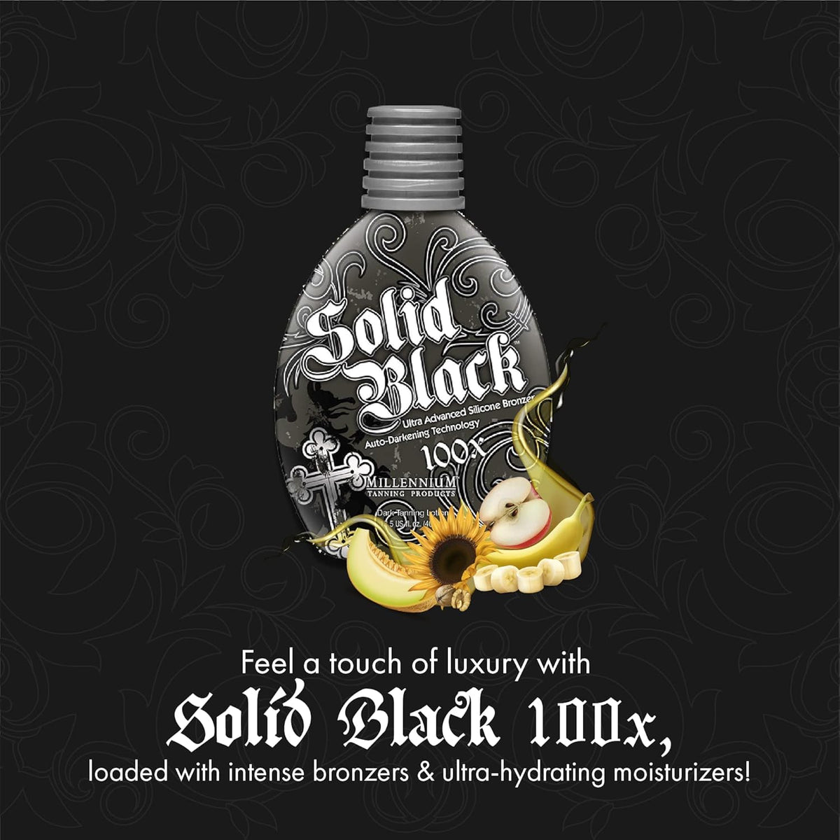 Millennium Tanning Solid Black 100X Dark Tanning Lotion in lifestyle setting