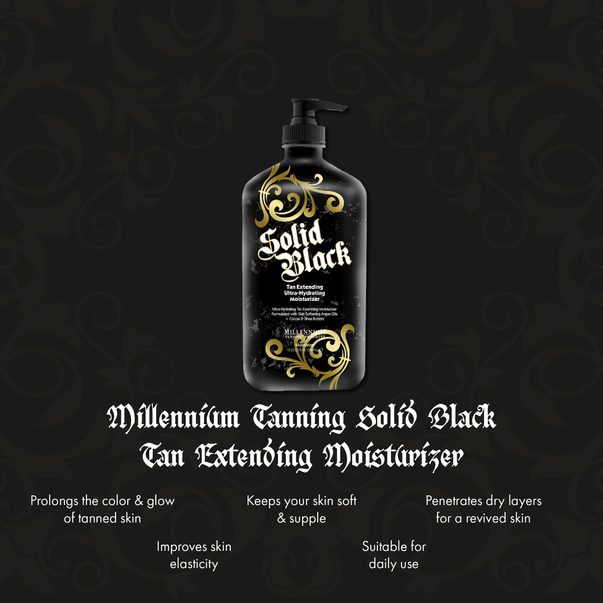 Millennium Tanning Solid Black Tan Extender Moisturiser back view with ingredient list