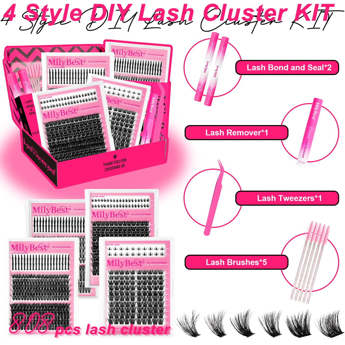 MilyBest 808pcs Lash Clusters Kit showing cluster lashes and glue