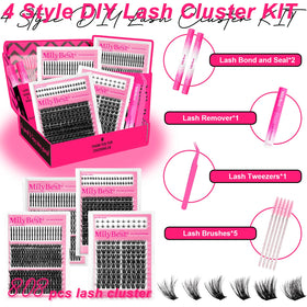 MilyBest 808pcs Lash Clusters Kit showing cluster lashes and glue