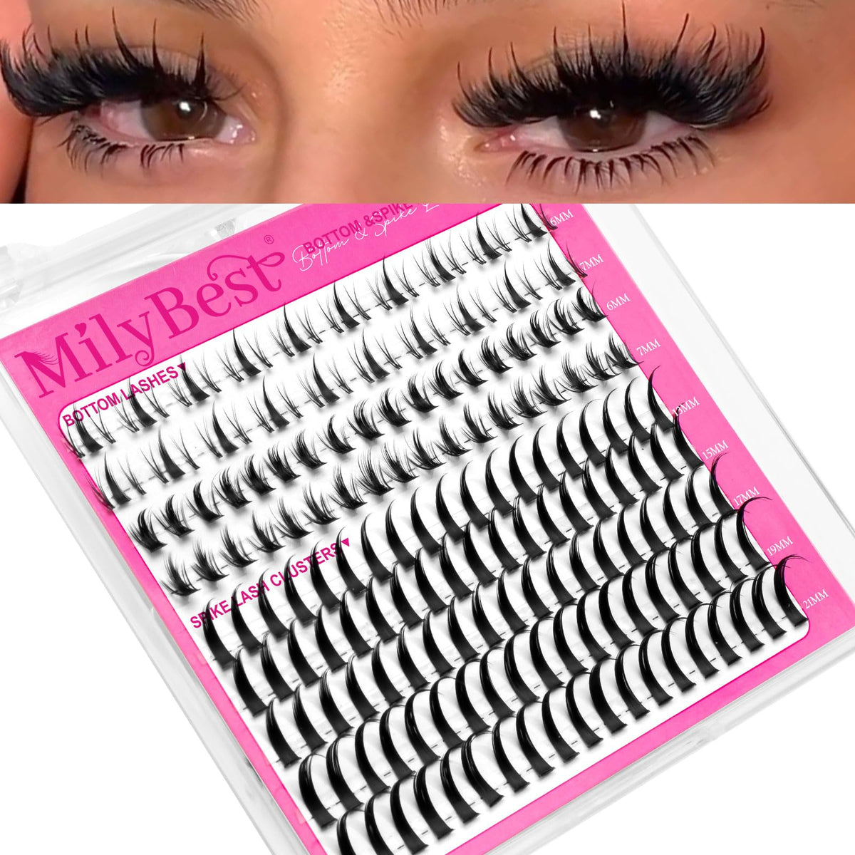 MilyBest Bottom Lash Clusters front view with mixed length spikes