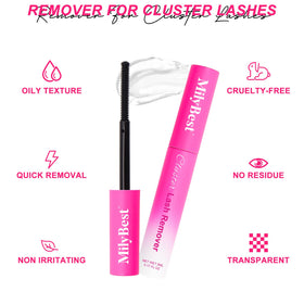 MilyBest eyelash remover bottle next to cluster lashes
