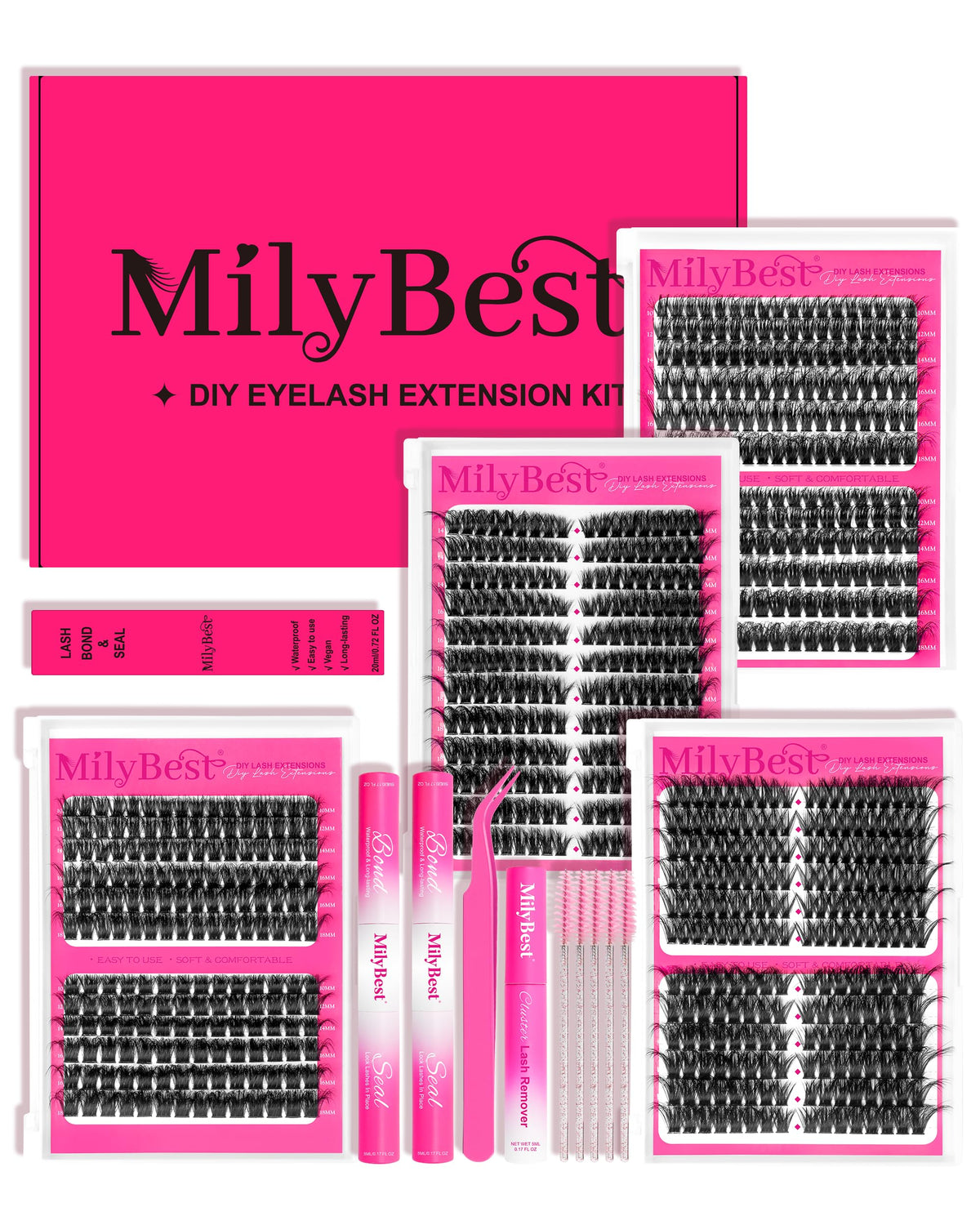 MilyBest Lash Clusters Kit 864 Pcs with lash glue and tools