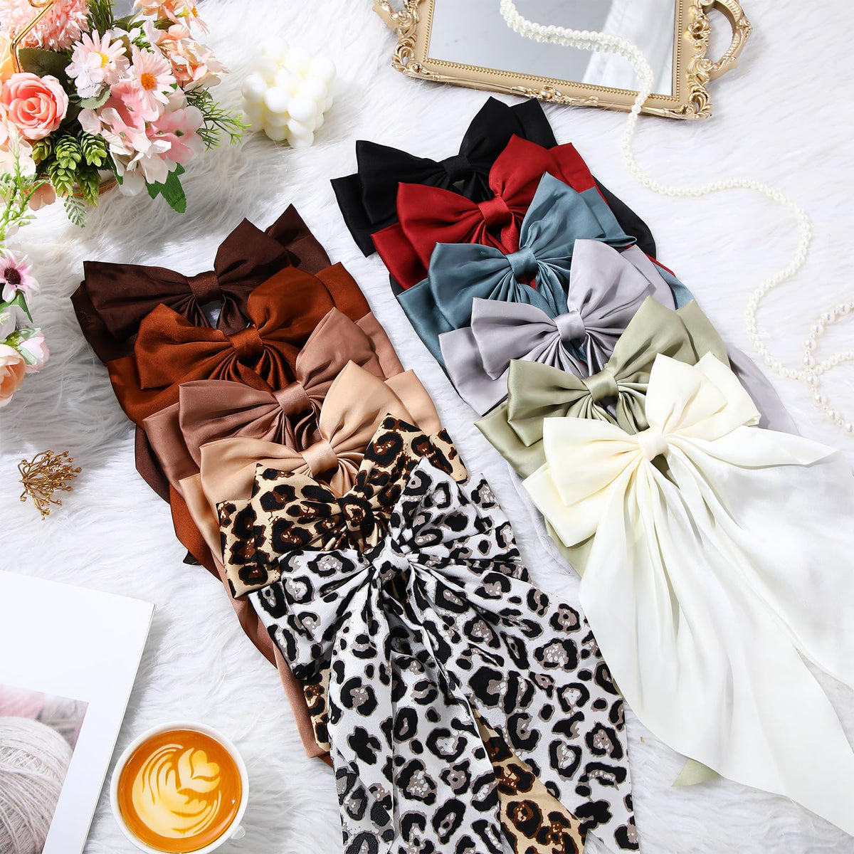 Mimorou satin hair bows arranged in a colourful pattern