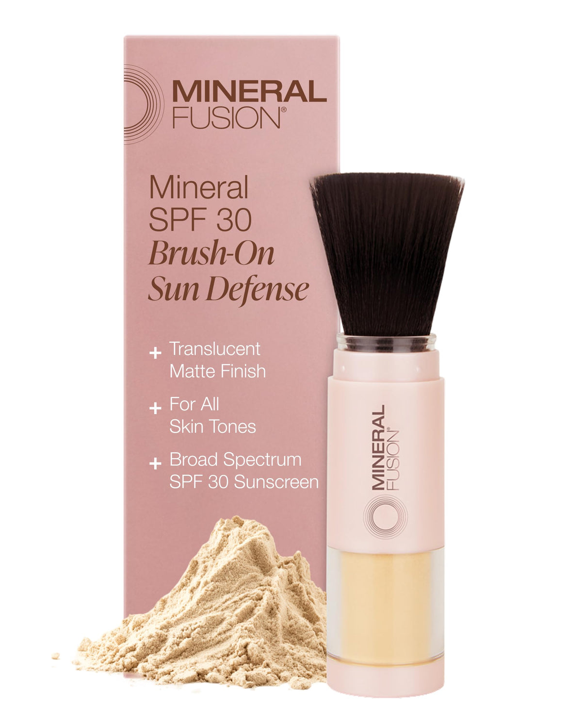 Mineral Fusion Brush-On Powder Sunscreen front view with packaging