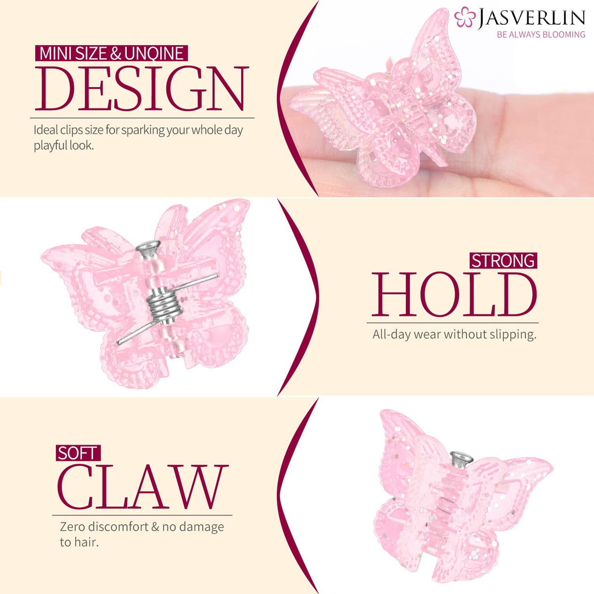 Mini size JASVERLIN Glitter Butterfly Hair Claw Clip for easy storage