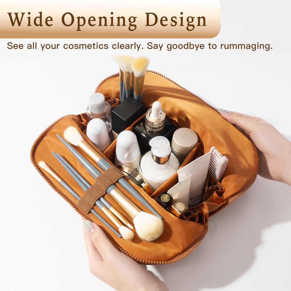 Minoisome Travel Makeup Bag displayed with cosmetics inside