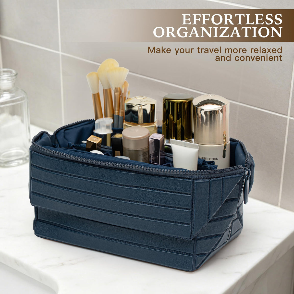 Minoisome Travel Makeup Bag open showing multiple compartments