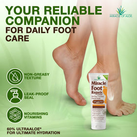 Miracle of Aloe Foot Repair Cream on a bathroom shelf