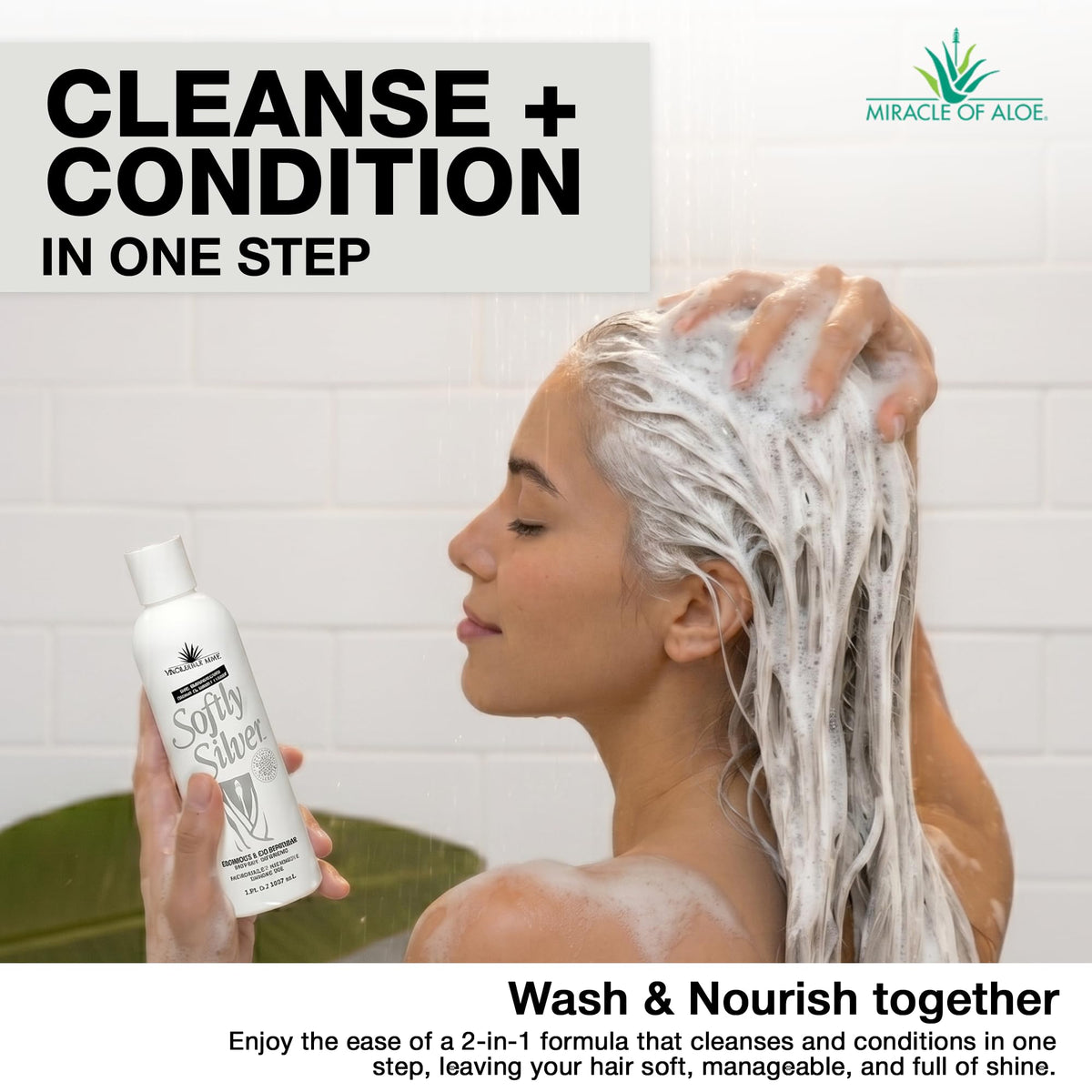 Miracle of Aloe Softly Silver Shampoo back view with ingredients