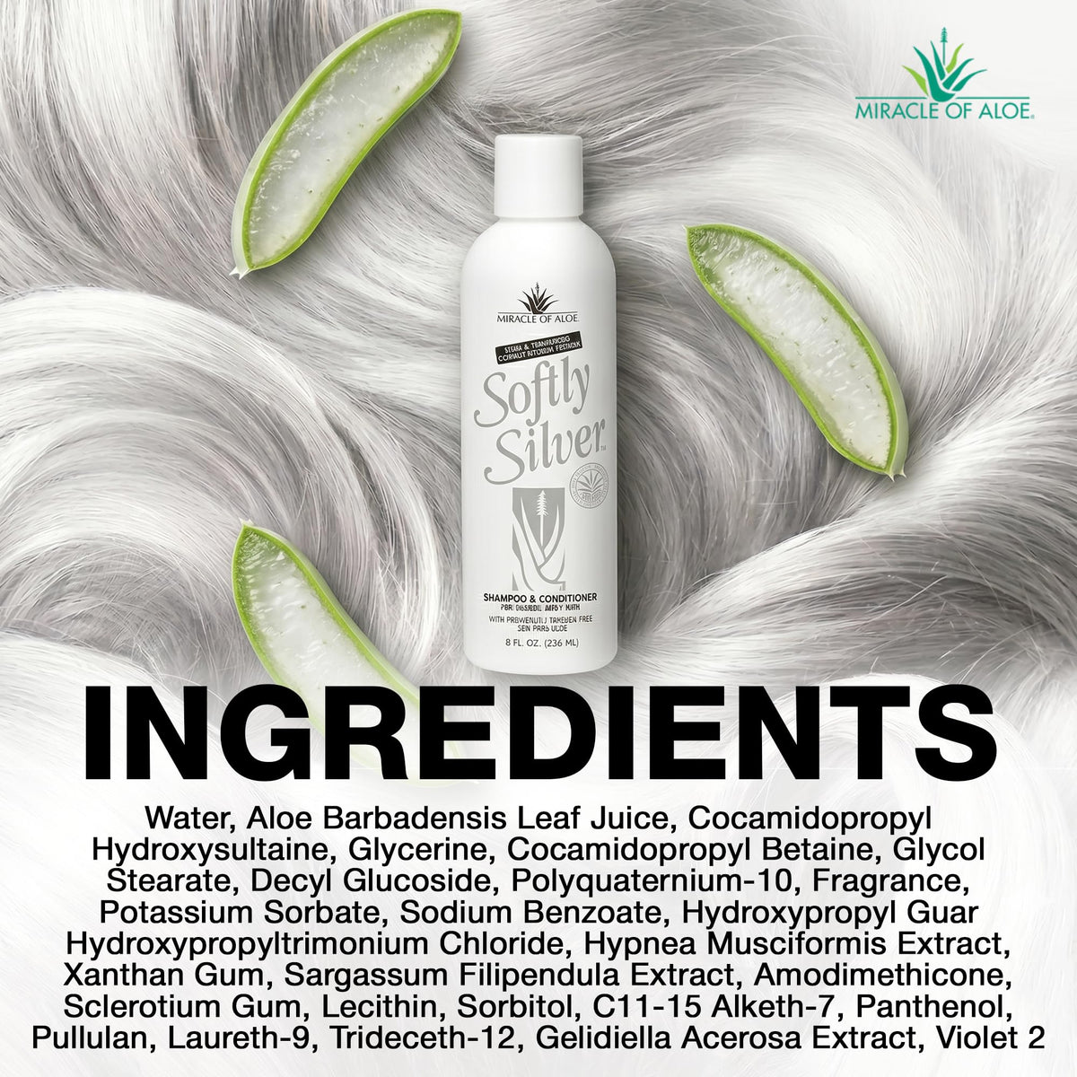 Miracle of Aloe Softly Silver Shampoo packaging close-up