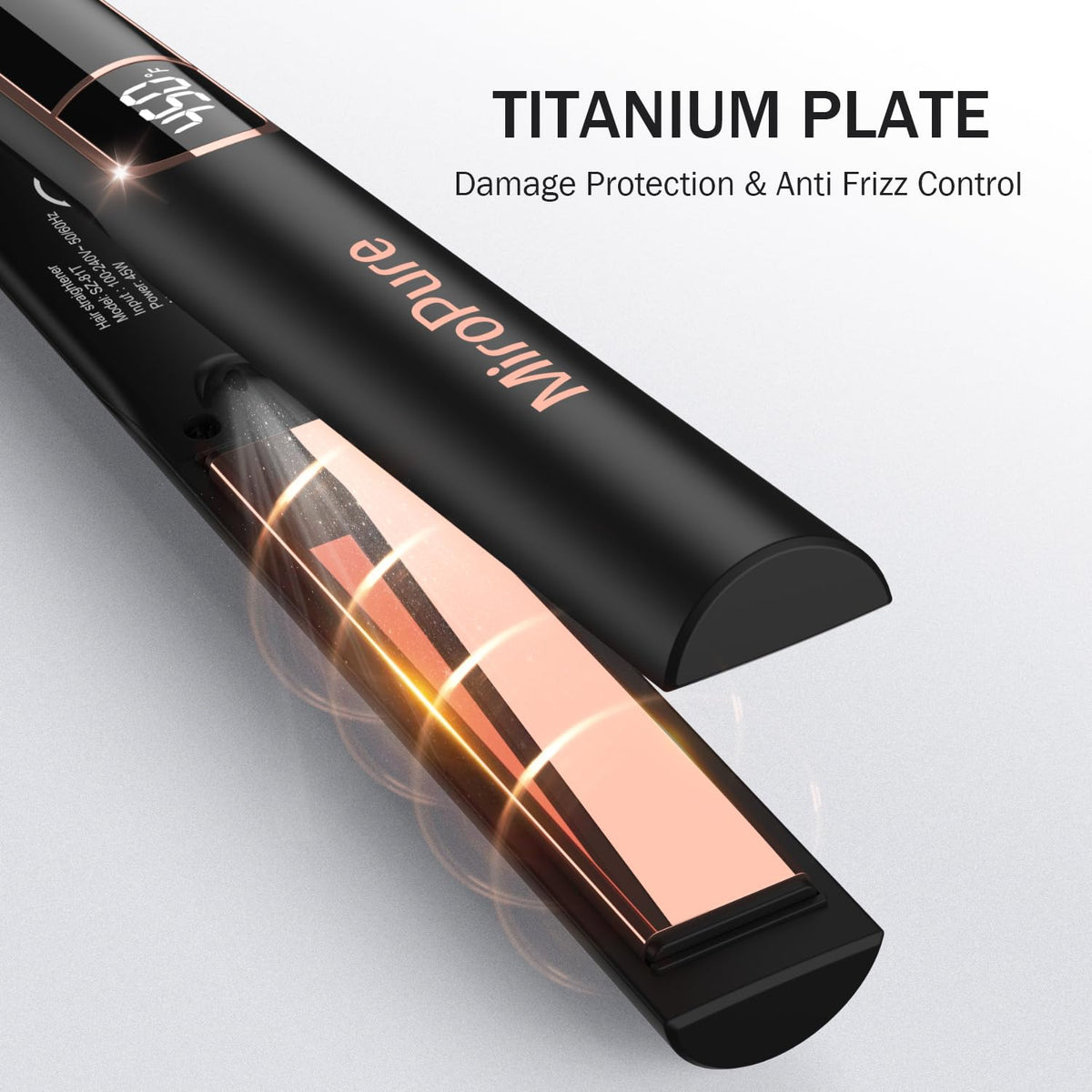 MiroPure Flat Iron Hair Straightener on a vanity with hair products