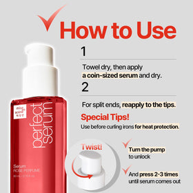 Mise En Scene Perfect Rose Perfume Serum in hand with hair styling