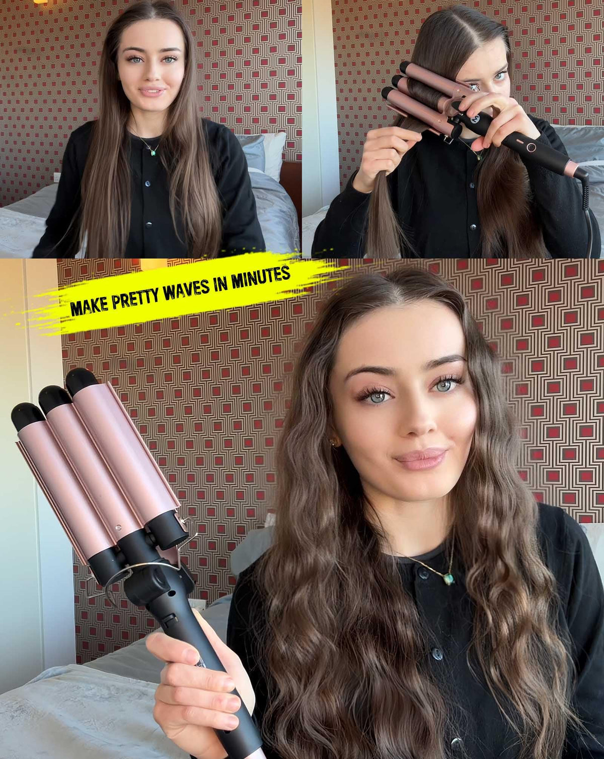 Mistcado 3 Barrel Curling Iron on a vanity with styled hair
