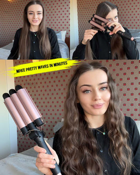 Mistcado 3 Barrel Curling Iron on a vanity with styled hair