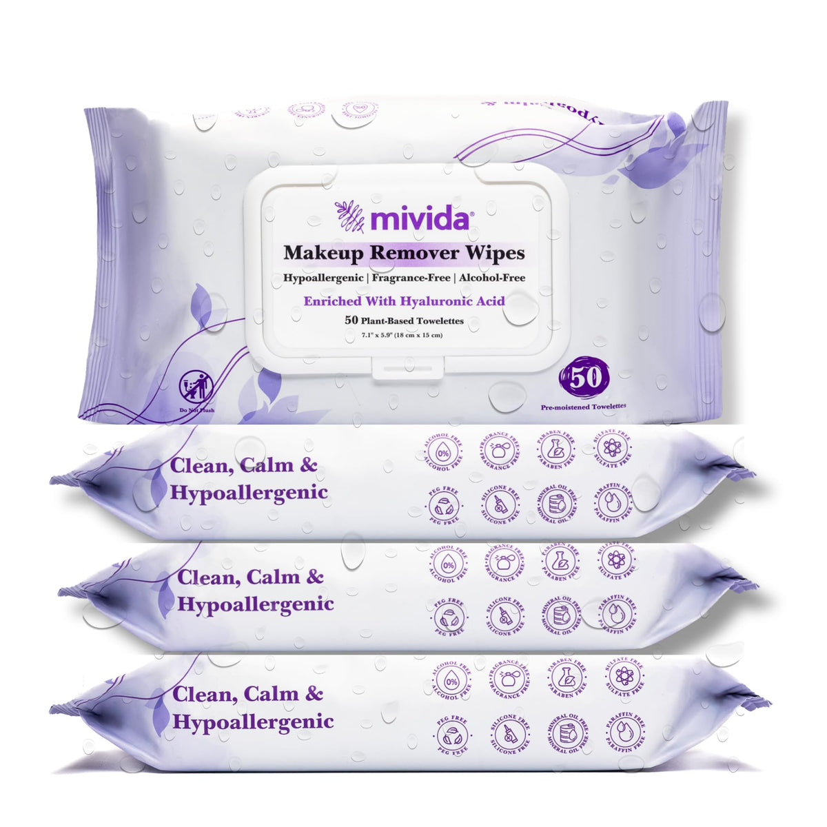 mivida Hypoallergenic Makeup Remover Wipes front view with packaging