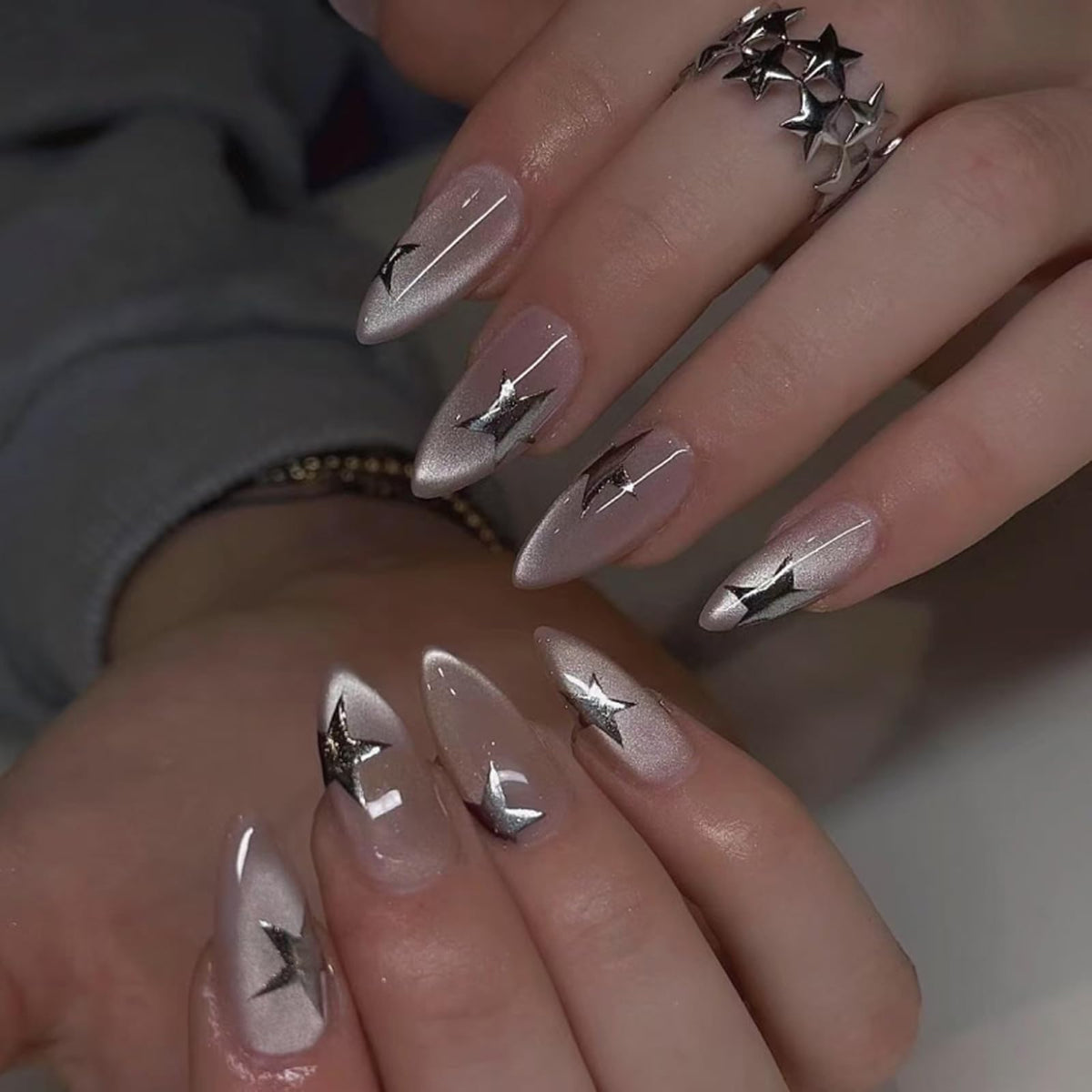 Mivota almond cat eye press on nails nude with 3D silver stars