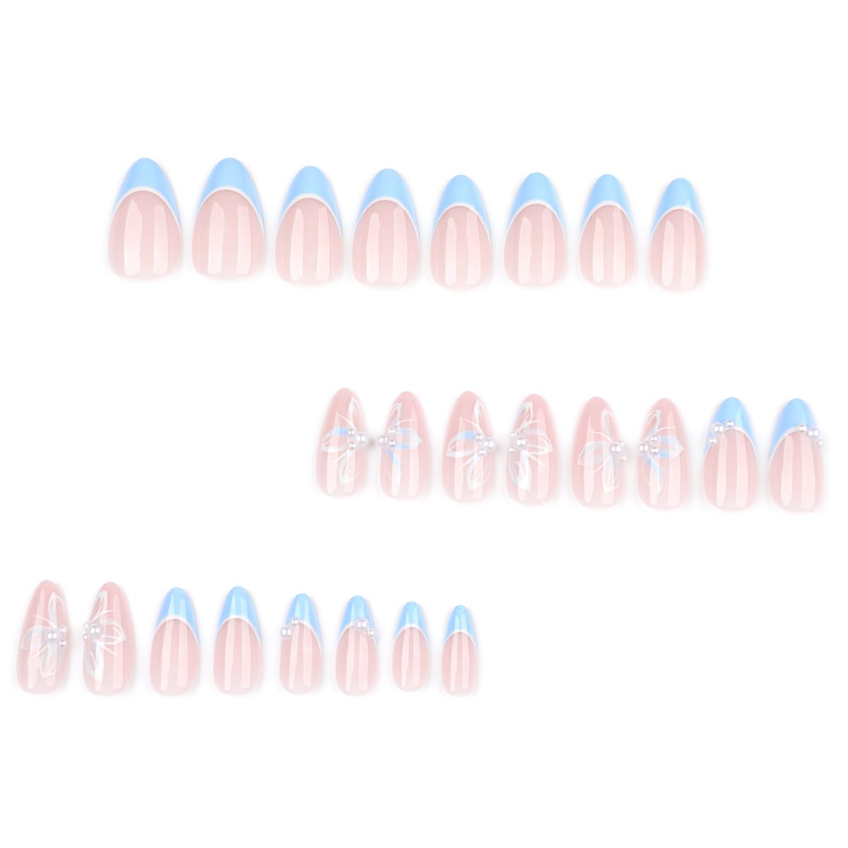 Mivota Blue French Tip Almond Press On Nails close-up of butterfly accents
