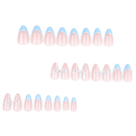 Mivota Blue French Tip Almond Press On Nails close-up of butterfly accents