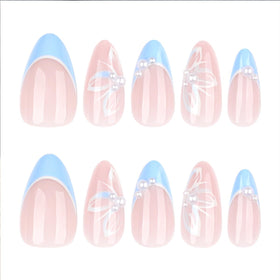 Mivota Blue French Tip Almond Press On Nails packaging with glue