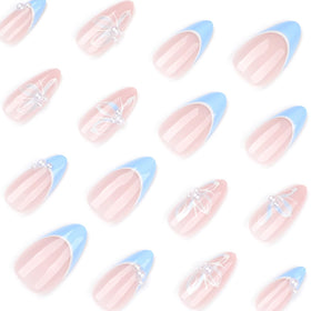 Mivota Blue French Tip Almond Press On Nails side view showing 3D details