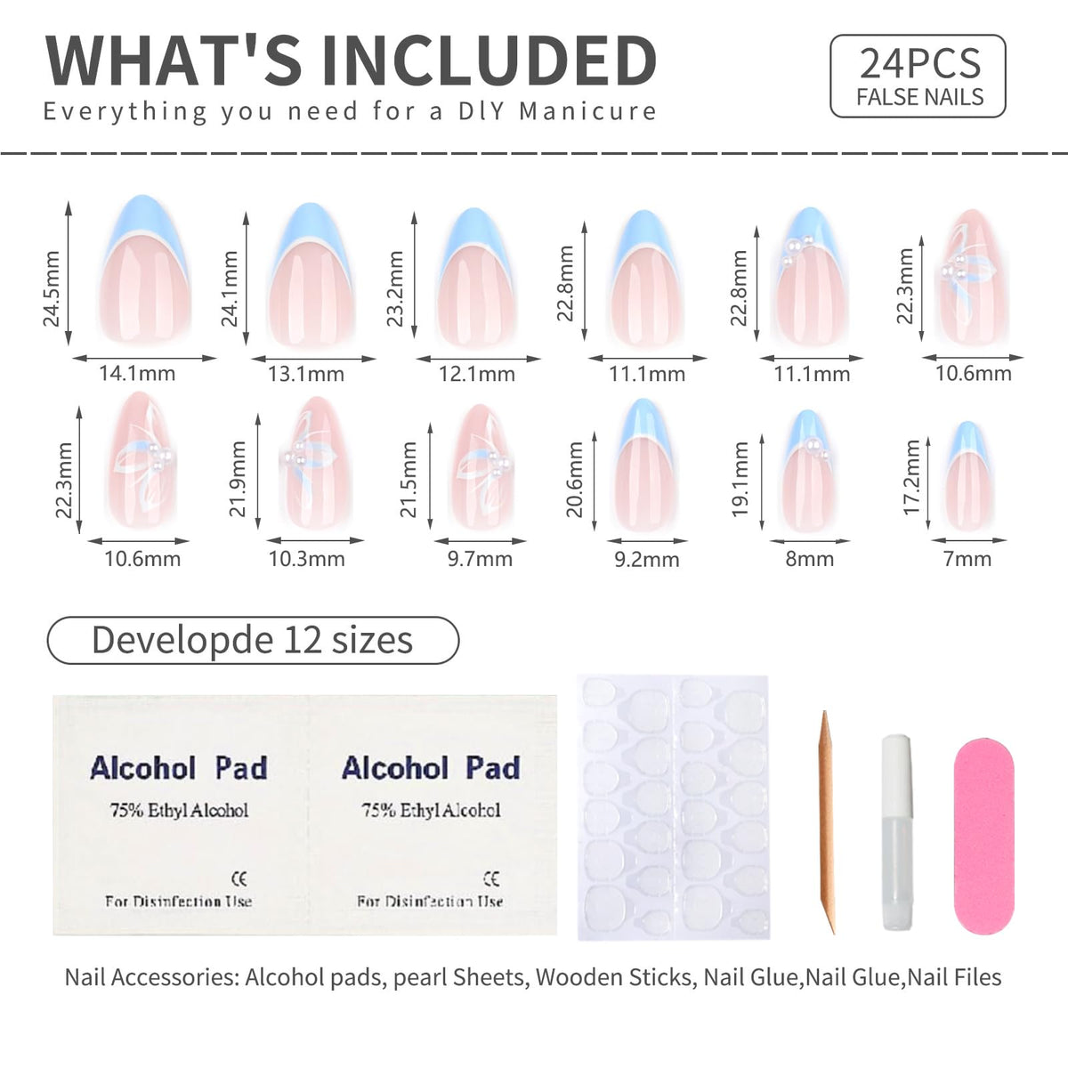 Mivota Blue French Tip Almond Press On Nails worn on hands