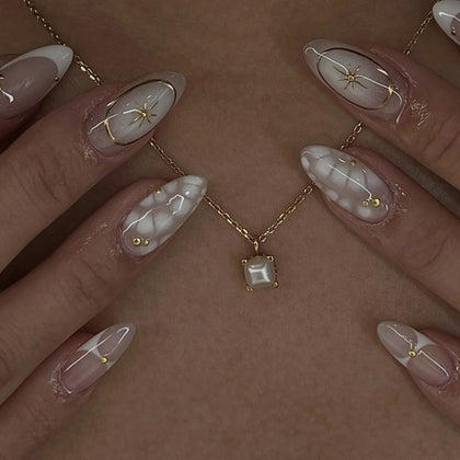 Mivota French Press On Nails Almond Medium front view with 3D accents