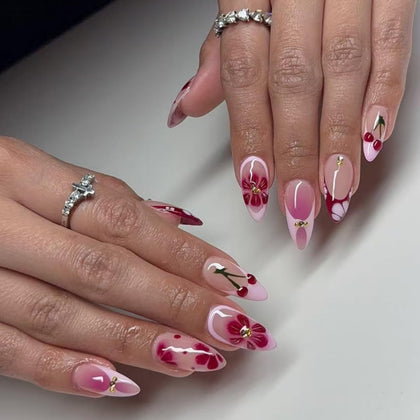 Mivota Medium Almond Press on Nails 24PCS Red Cherry French design front view