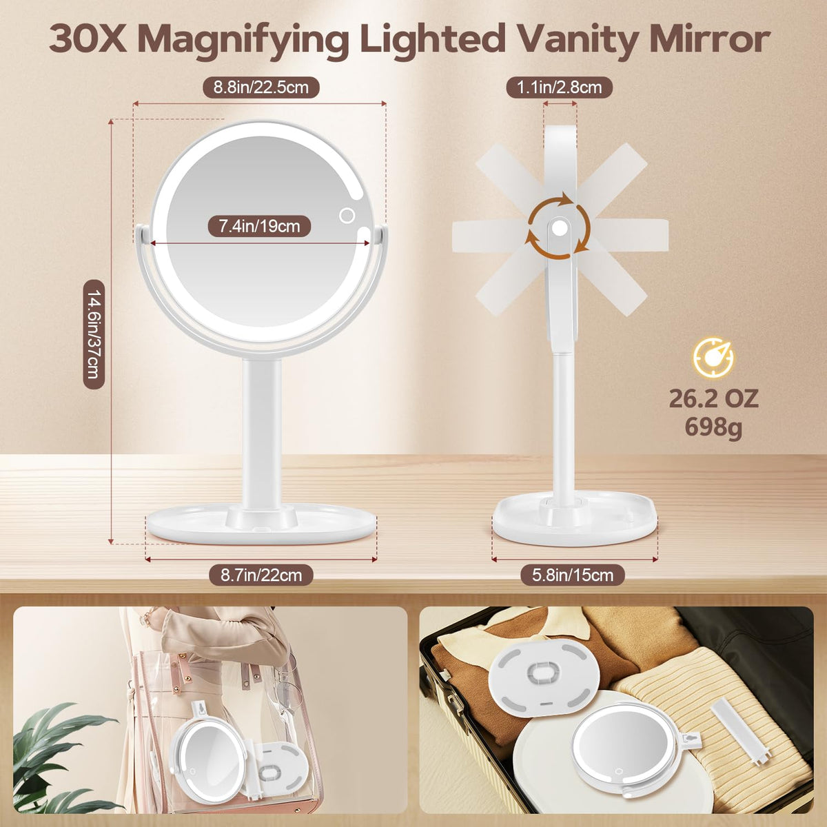 MIYADIVA Makeup Mirror in a beauty setup with makeup products