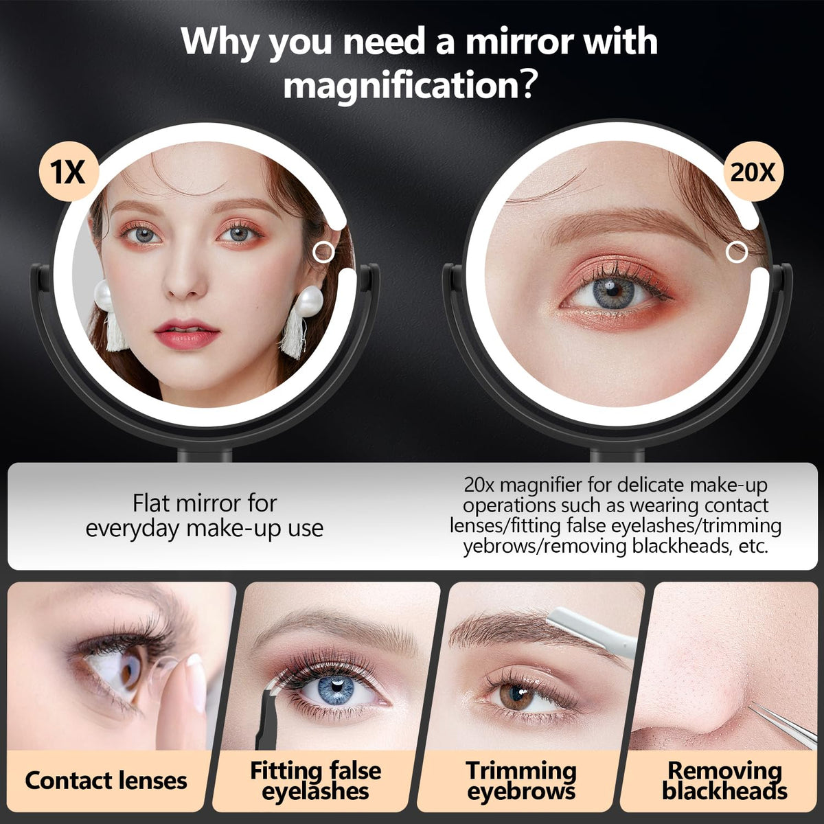 MIYADIVA Makeup Mirror showing adjustable brightness settings