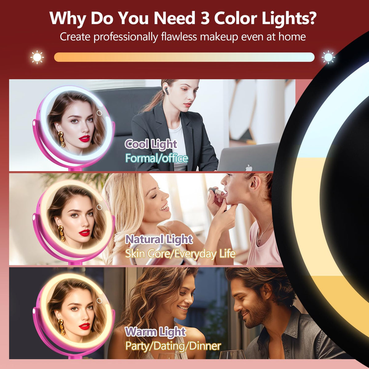 MIYADIVA Makeup Mirror with adjustable brightness and colour options