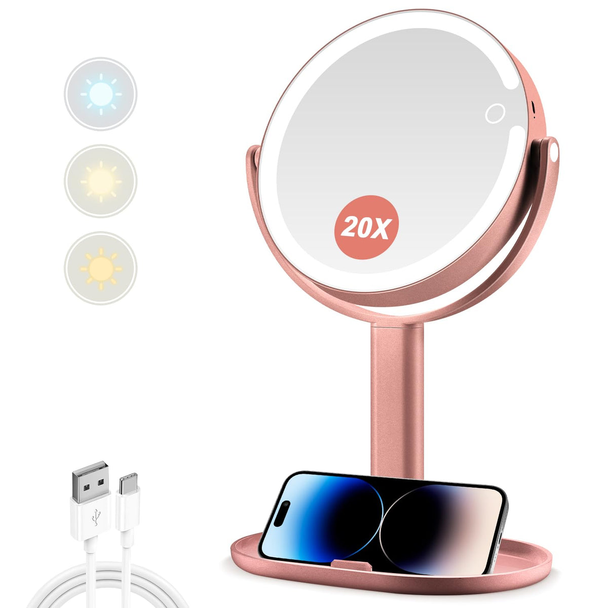 MIYADIVA Makeup Mirror with lights front view in metallic rose gold