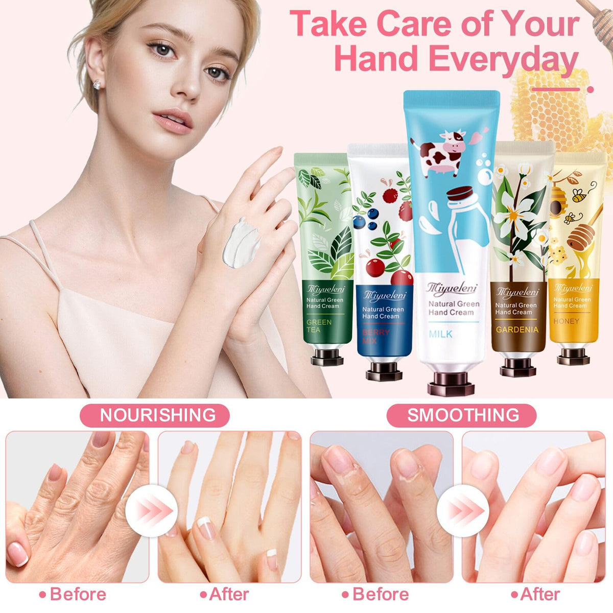 MIYUELENI Hand Cream tubes displaying different fragrance images